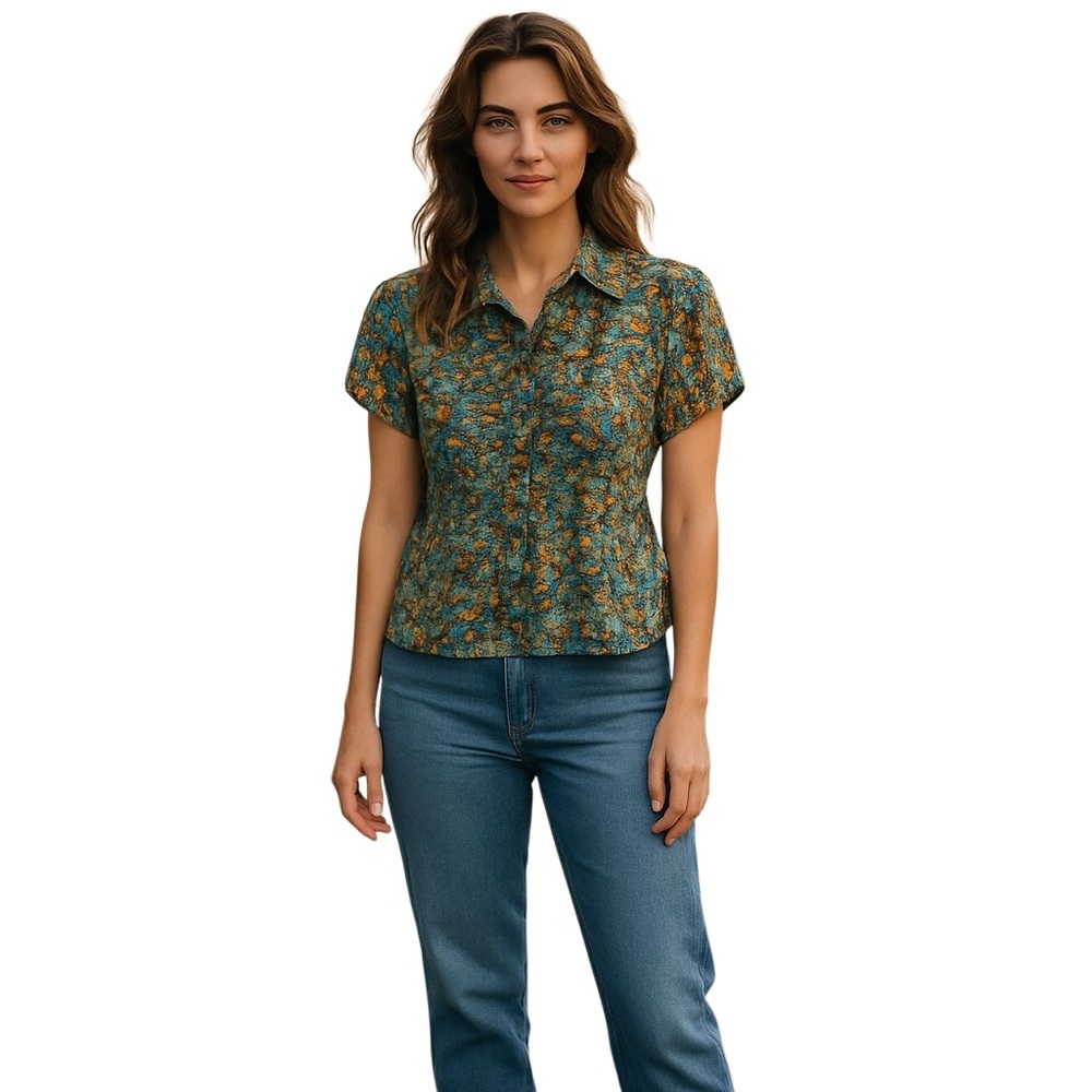 NY Collection Blue and Brown Fitted Short Sleeve Blouse